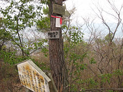 山頂標識と竜安寺案内板