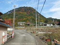 根小屋を抜けた辺りから要害山と熊城(右奥の高み)